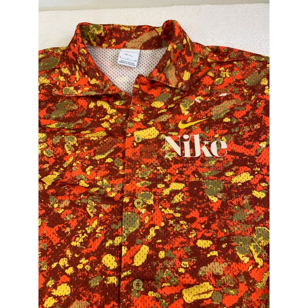 Nike Dri-FIT Trek Division Mesh Button Up Shirt Camo Orange Men Small DR9966-832
